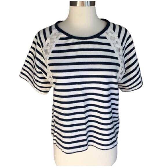 OLD NAVY Striped Top Inset Lace Mesh Short Sleeve - Picture 1 of 5